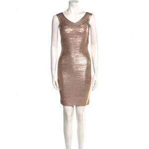 New Herve Leger Gold Foil Scoop Neck Bandage Dress